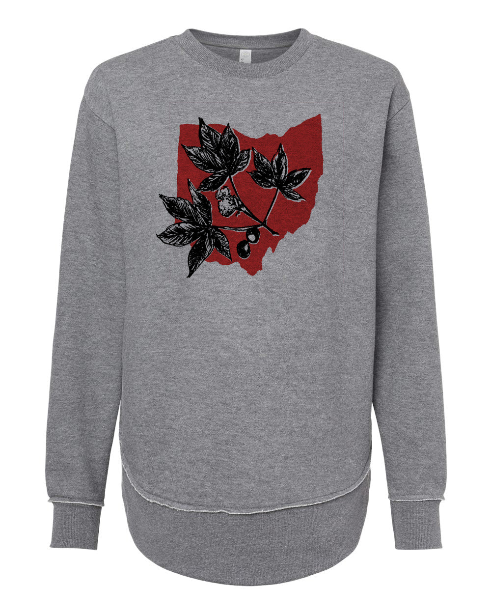 A gray sweatshirt with a graphic design featuring a red shape containing leaves and a small black object.