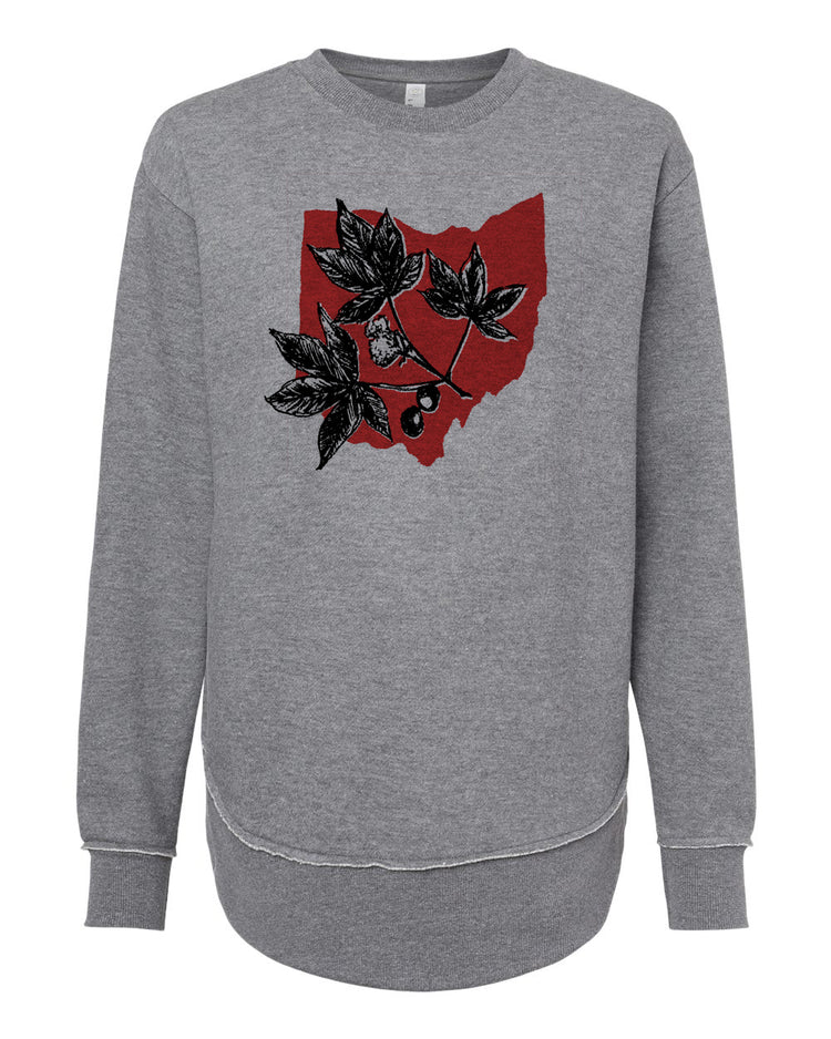 A gray sweatshirt with a graphic design featuring a red shape containing leaves and a small black object.