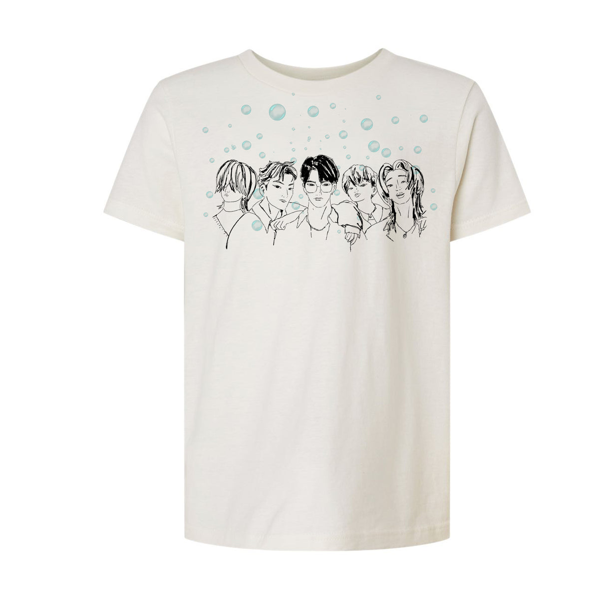 A white t-shirt with a graphic design featuring a group of stylized human faces arranged in a row, with bubbles floating above them.