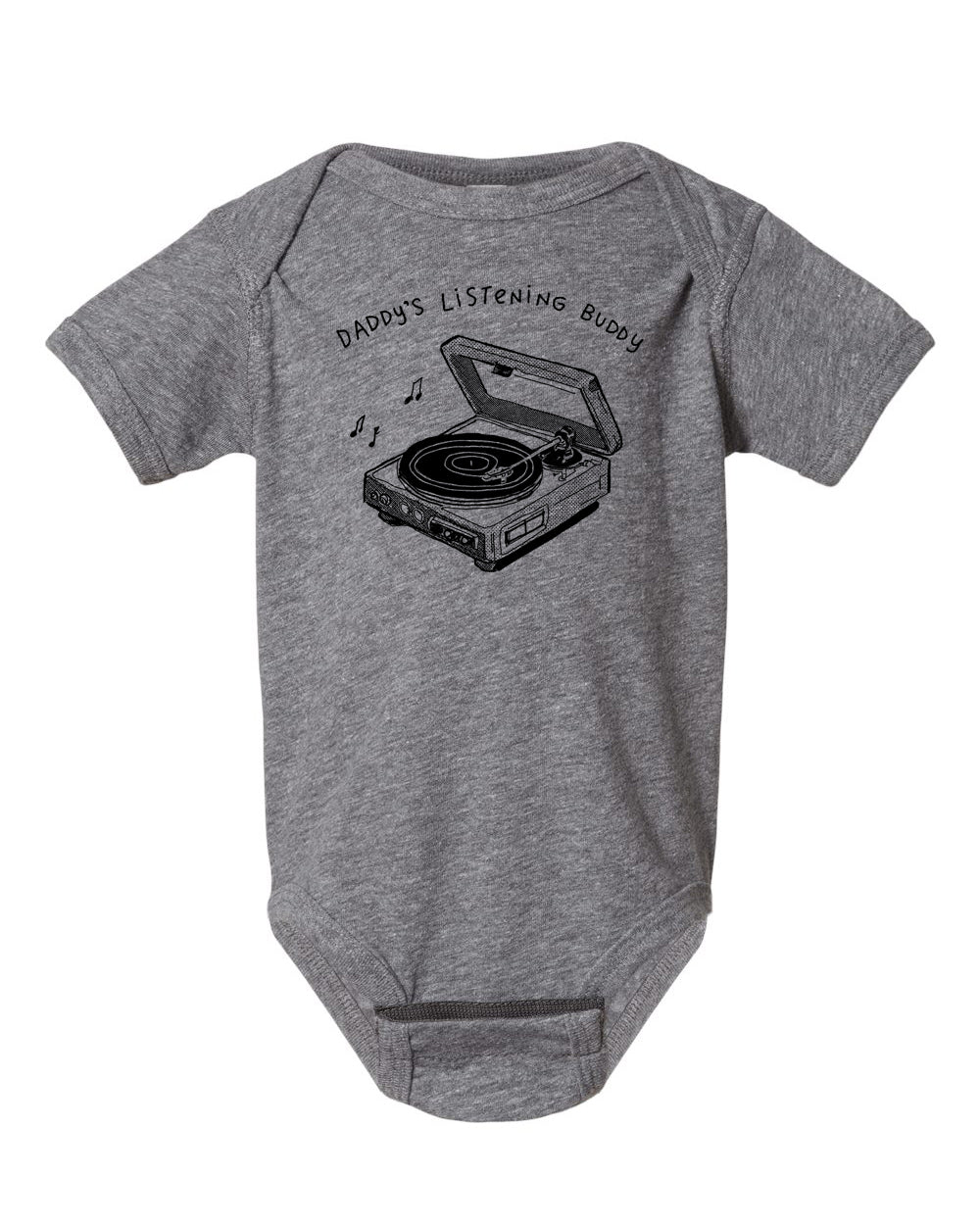 A gray baby onesie with a graphic design of a record player and the text "DADDA'S LISTENING BUDDY" printed on it.