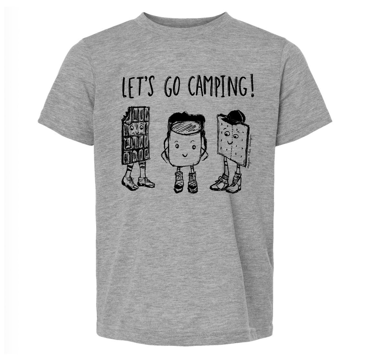 A gray t-shirt with a graphic design featuring three cartoon-style figures, each representing a different camping-related item or activity. The text above the design reads "LET'S GO CAMPING!".
