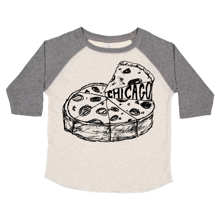 A gray and white long-sleeved t-shirt with a graphic design depicting a slice of pizza with the word "CHICAGO" written on it.