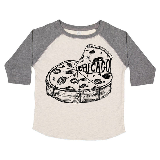 A gray and white long-sleeved t-shirt with a graphic design depicting a slice of pizza with the word "CHICAGO" written on it.