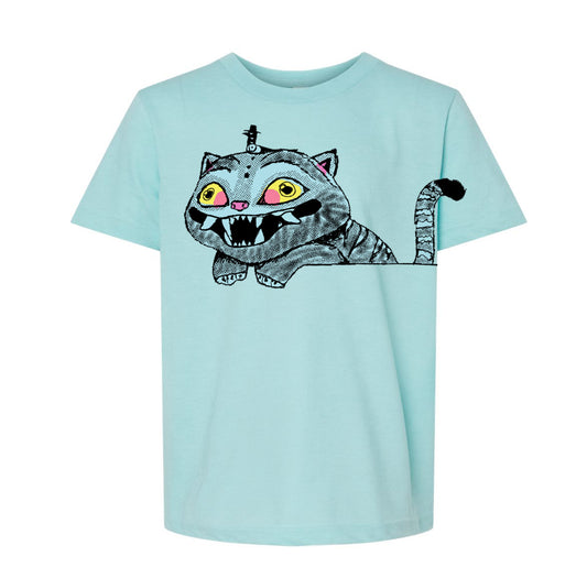 A light blue t-shirt with a cartoon cat design on it.