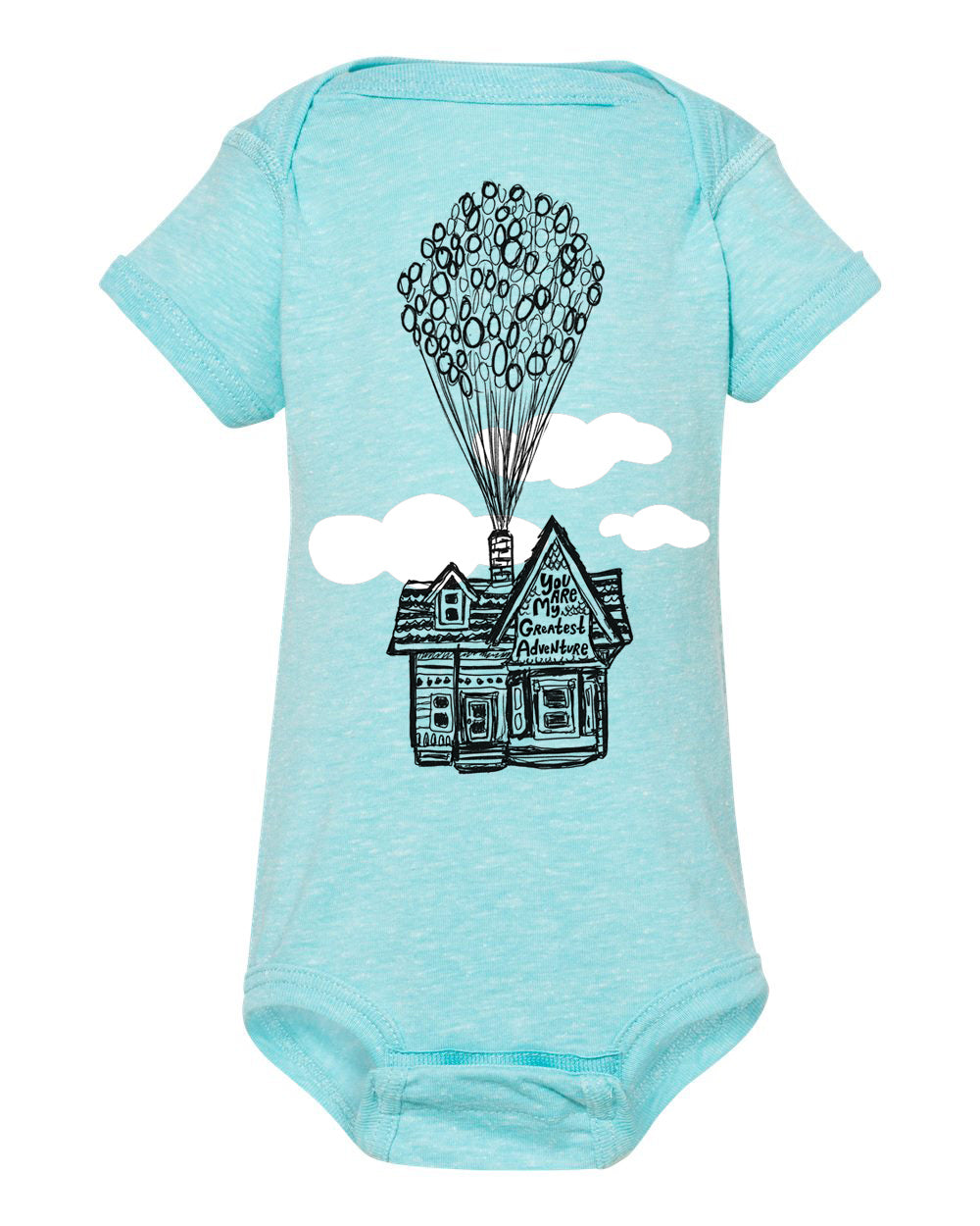 A light blue baby onesie with a graphic of a house and balloons floating above it.