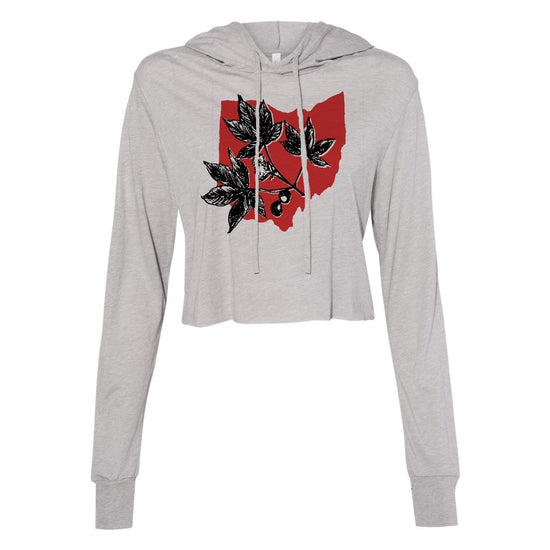 A gray hoodie with a graphic design on the front, featuring a red outline of the Ohio state map with black leaf and olive leaf illustrations.