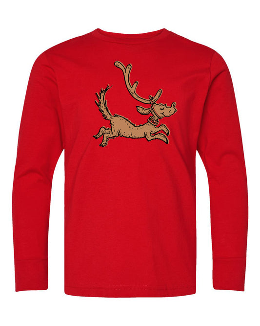 A red long-sleeved shirt with a cartoon image of a brown reindeer with antlers on it.