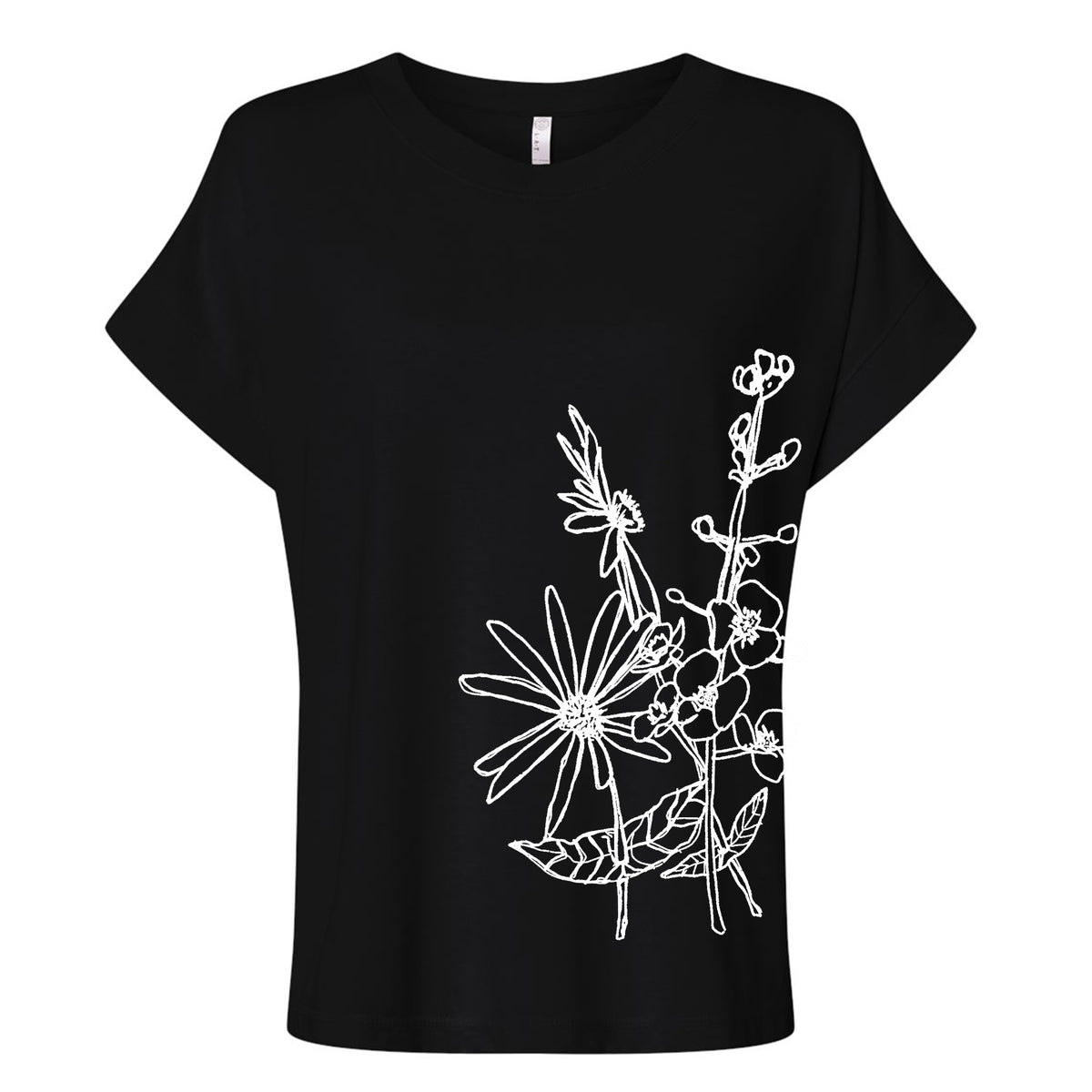 A black t-shirt with a white floral design on the left side.