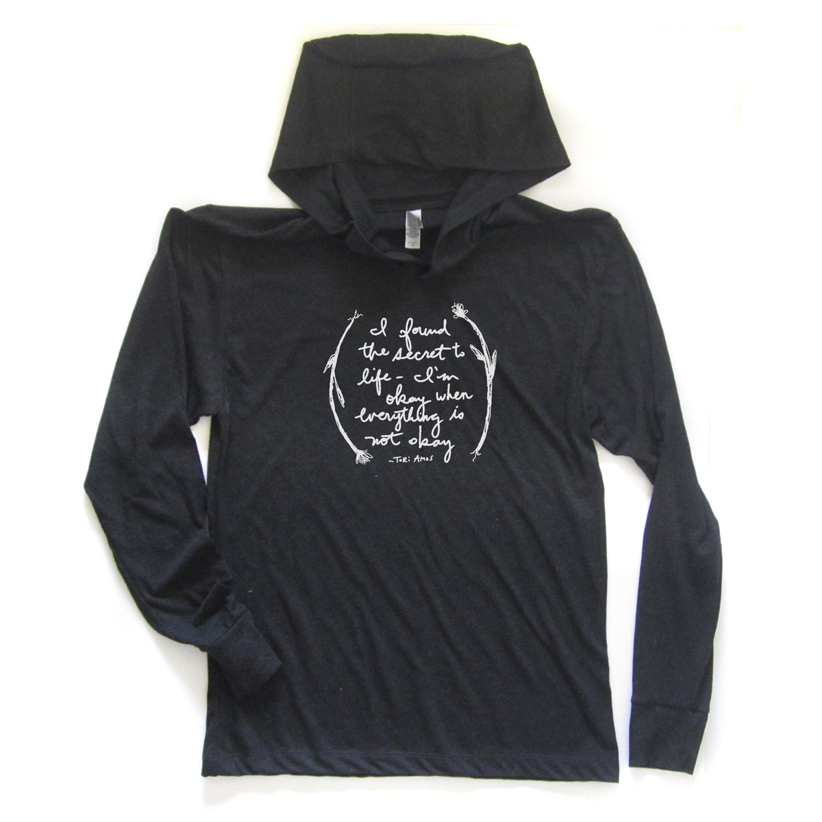 A black hooded long-sleeve t-shirt with a white text design on the front.