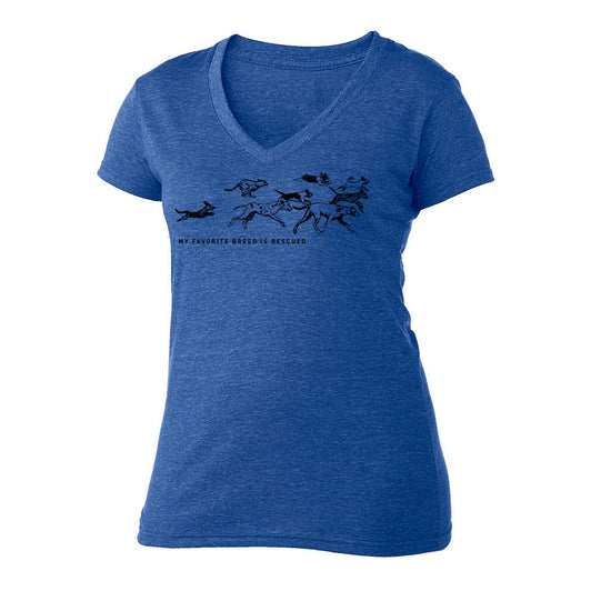 A blue t-shirt with a graphic design depicting a group of dogs running, accompanied by the text "My favorite breed is rescue".