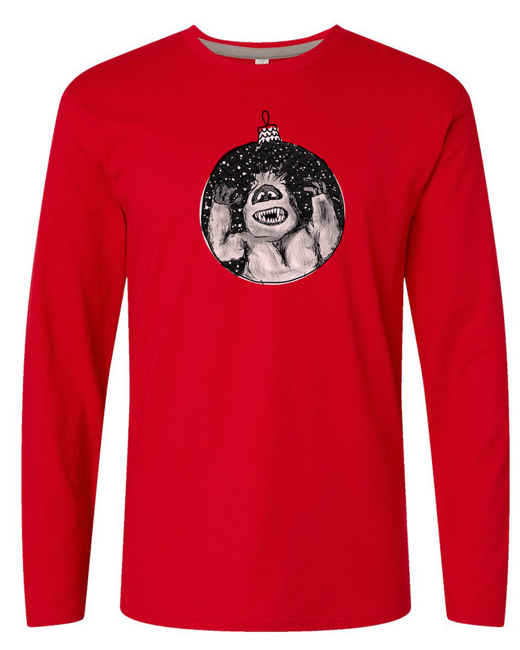 a red t - shirt with a gorilla wearing a christmas ornament