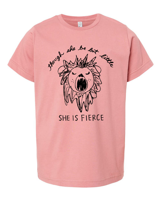 A pink t-shirt with a black lion graphic and text that reads "Though she be but little, she is fierce".