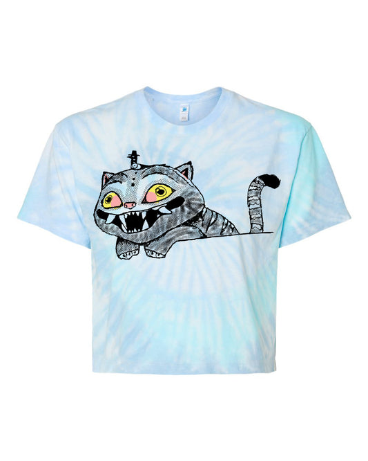 A blue tie-dye t-shirt with a cartoon cat design on it.