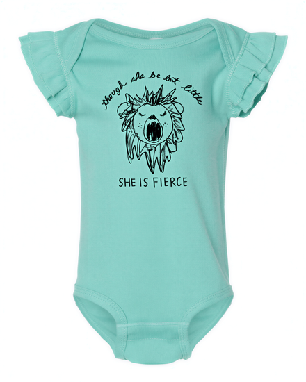 A mint green baby onesie with a black lion graphic and text that reads "Though she be but little, she is fierce".