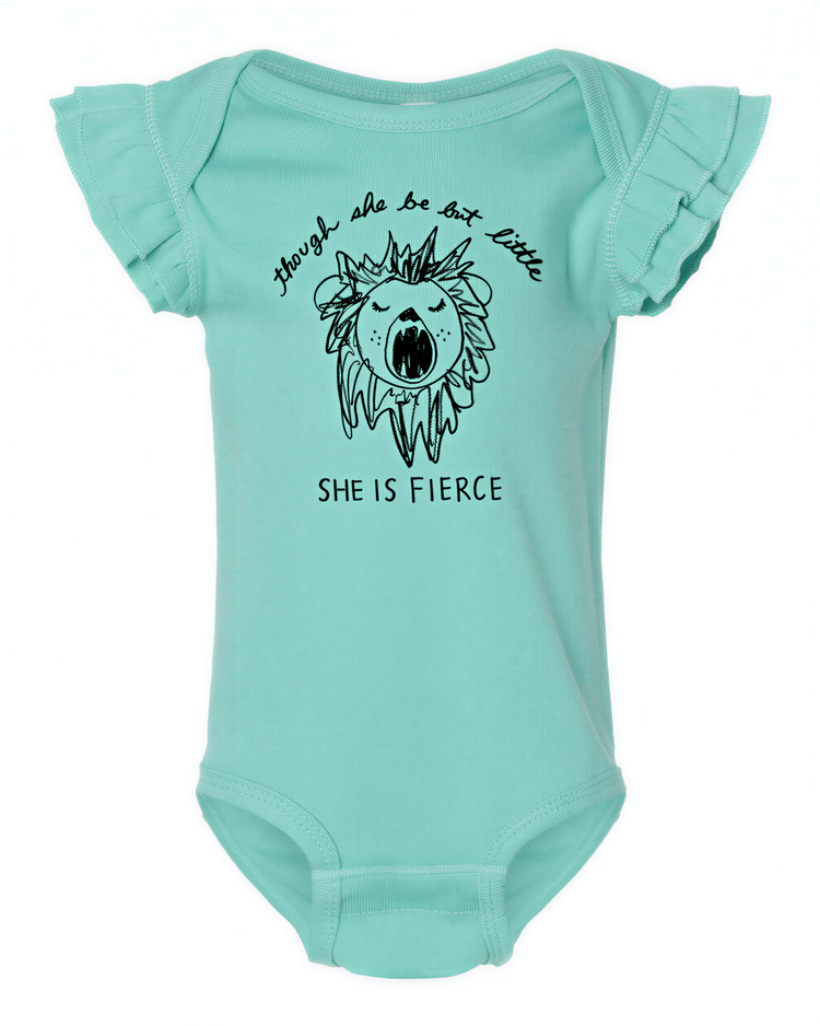 A mint green baby onesie with a black lion graphic and text that reads "Though she be but little, she is fierce".