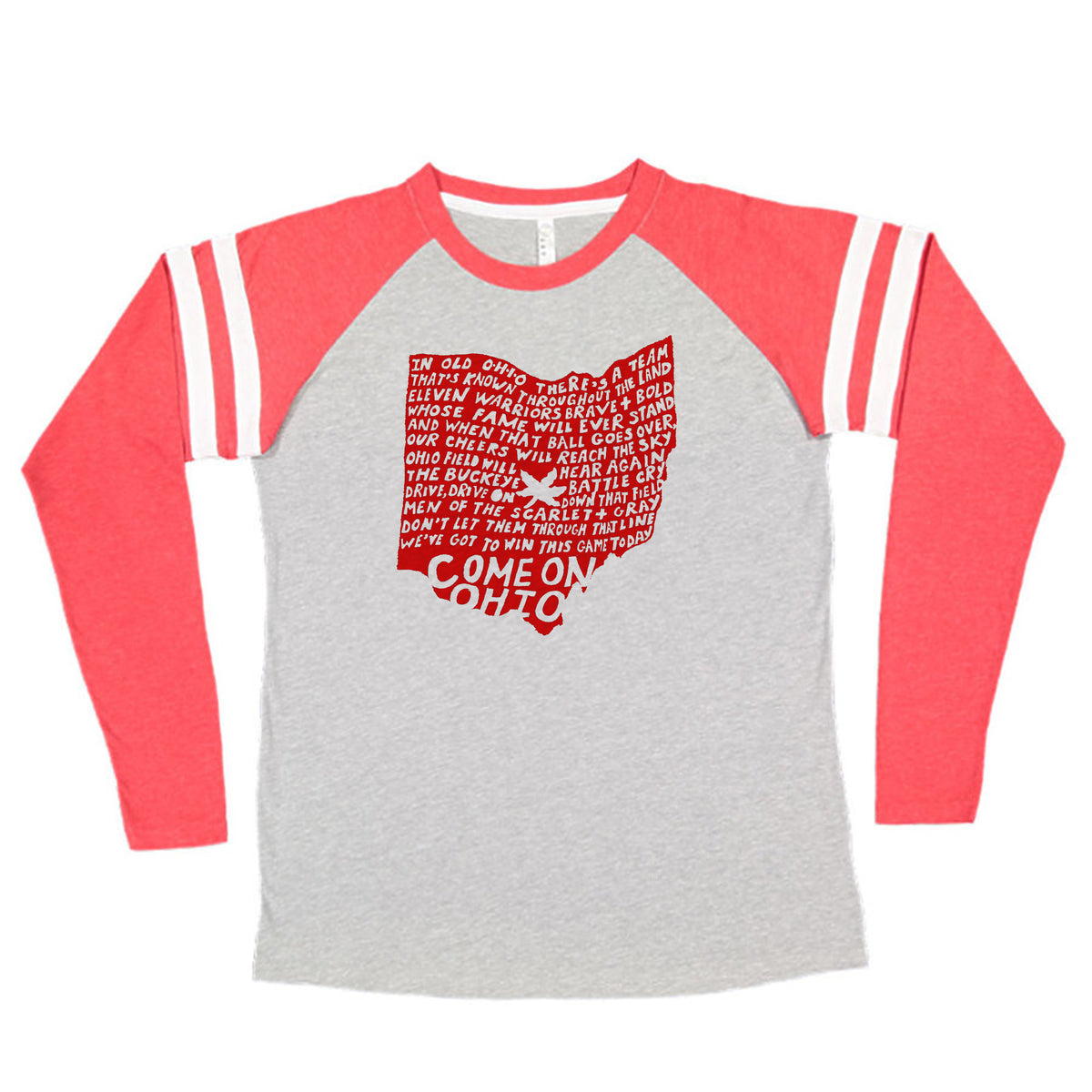 a gray and red long-sleeve shirt with a graphic design on the front.