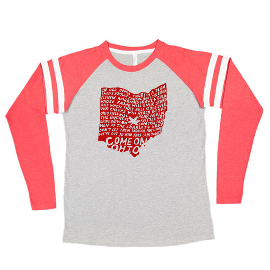 a gray and red long-sleeve shirt with a graphic design on the front.