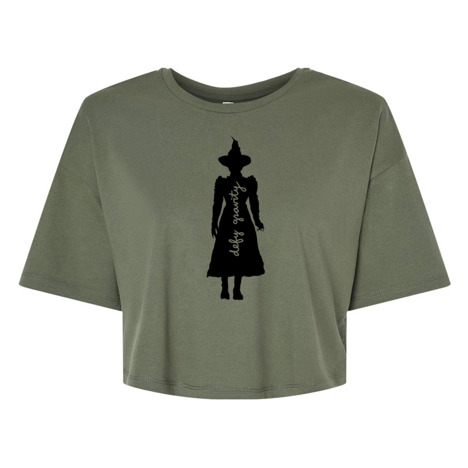 A green t-shirt with a silhouette of a person wearing a hat and a long dress printed on it.