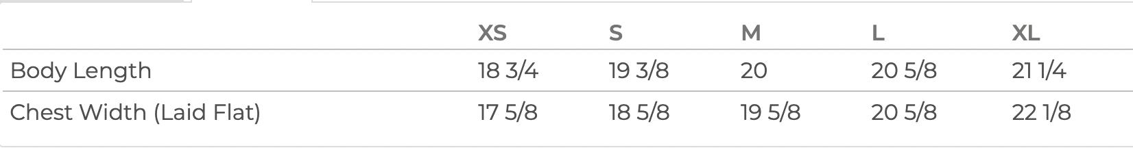 a table with various sizes listed, including XS, S, M, L, and XL, along with corresponding measurements for different body lengths and chest widths.