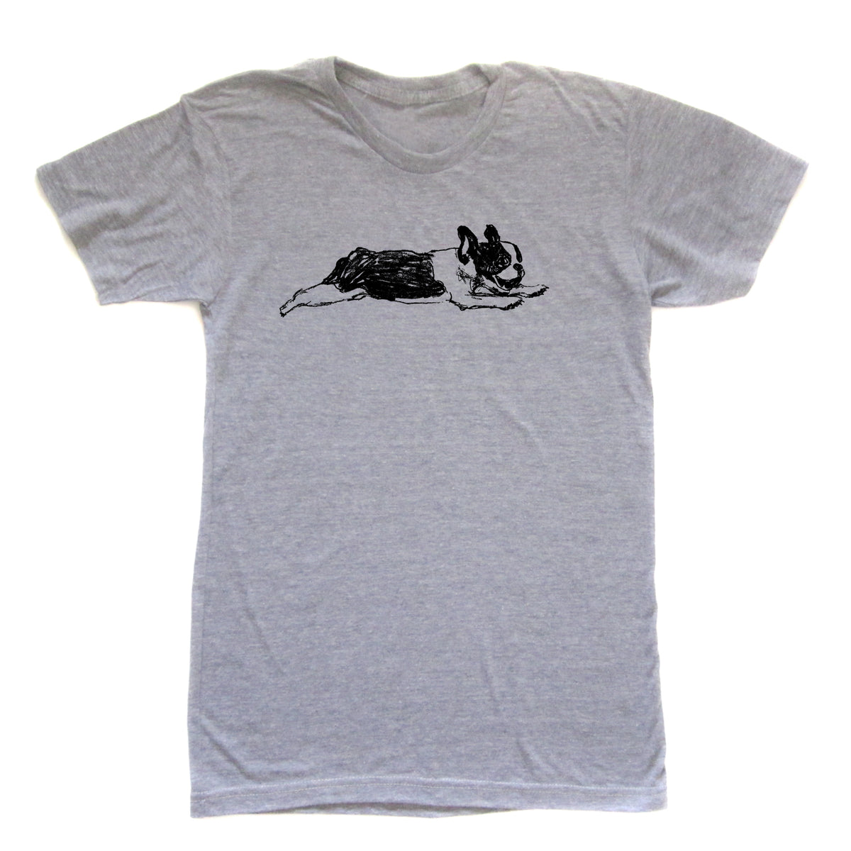 A gray t-shirt with a black and white illustration of a dog lying down.