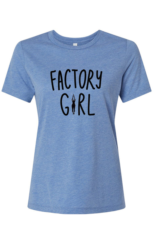 A light blue t-shirt with the text "FACTORY GIRL" printed on it.