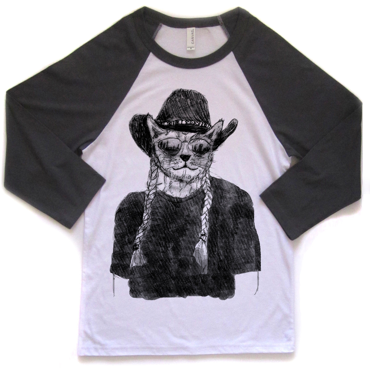 A black and white graphic of a cat wearing a cowboy hat and sunglasses, with long braided hair.