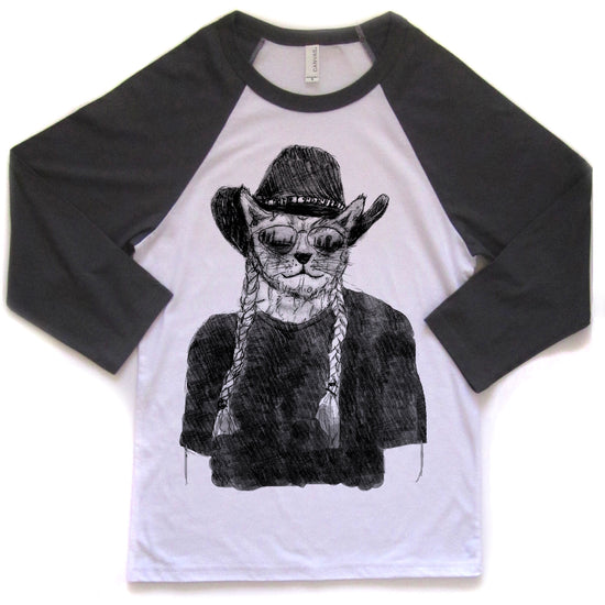 A black and white graphic of a cat wearing a cowboy hat and sunglasses, with long braided hair.