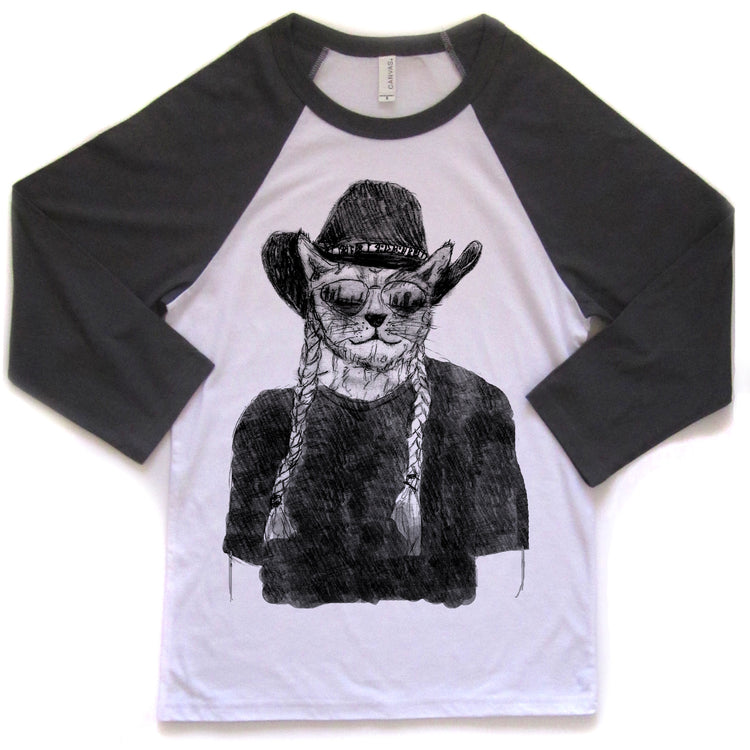 A black and white graphic of a cat wearing a cowboy hat and sunglasses, with long braided hair.