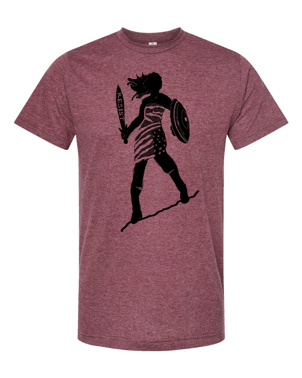 A graphic t-shirt design featuring a silhouette of a person holding a shield and sword, with the word "RESIST" written on the shield.