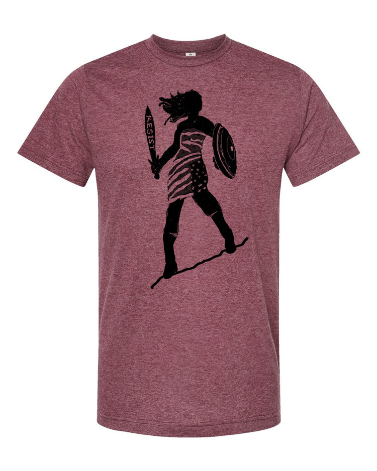 A graphic t-shirt design featuring a silhouette of a person holding a shield and sword, with the word "RESIST" written on the shield.
