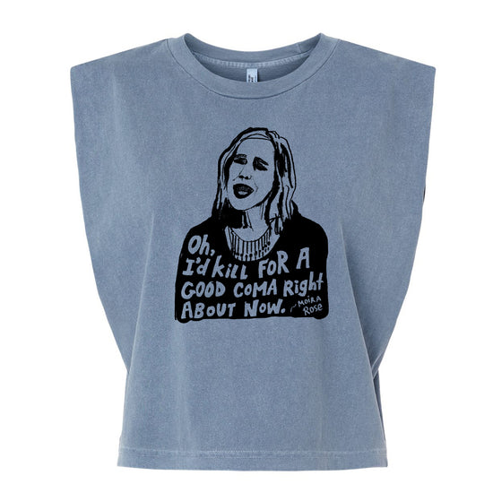 A gray t-shirt with a graphic design depicting a woman's face and text that reads "Oh, I'd kill for a good coma right about now."
