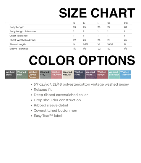 The image is a size chart that provides information about the size and color options of a garment.