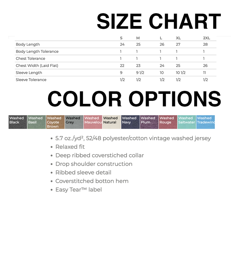 The image is a size chart that provides information about the size and color options of a garment.