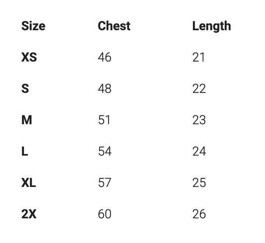 a table with various sizes labeled, including "Size", "Chest", and "Length". The table appears to be a list of different clothing sizes, with each size corresponding to a specific chest size and length. The table is not a collage of multiple images, and it does not include any descriptive phrases or generalizations about the images.