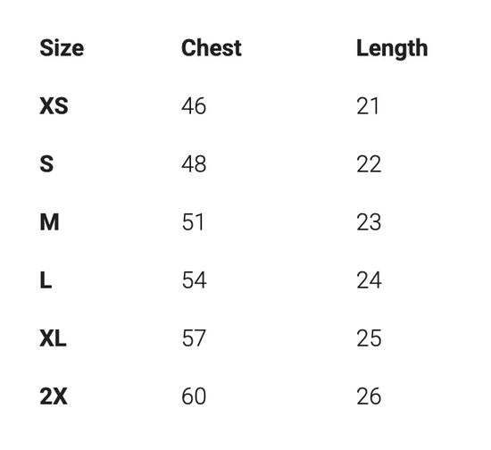 a table with various sizes labeled, including "Size", "Chest", and "Length". The table appears to be a list of different clothing sizes, with each size corresponding to a specific chest size and length. The table is not a collage of multiple images, and it does not include any descriptive phrases or generalizations about the images.