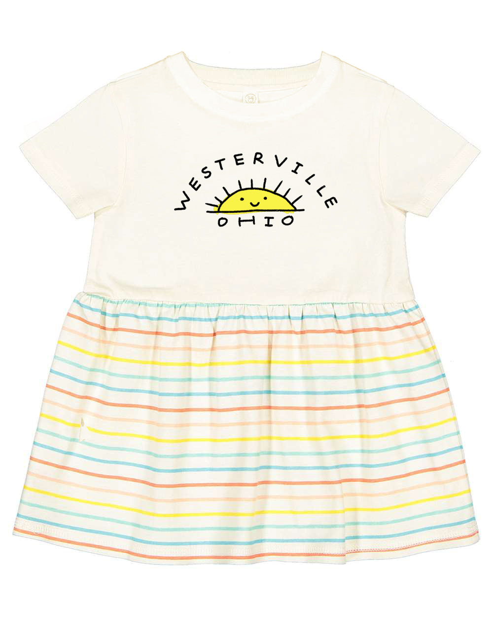 A white t-shirt with a graphic design and a striped skirt.