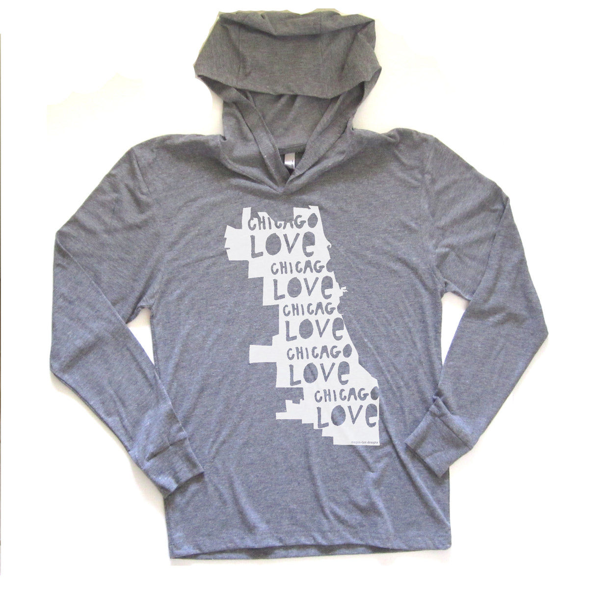 A gray hooded sweatshirt with a graphic design on the front, depicting the words "Chicago Love Chicago Love Chicago Love" in a stylized font.