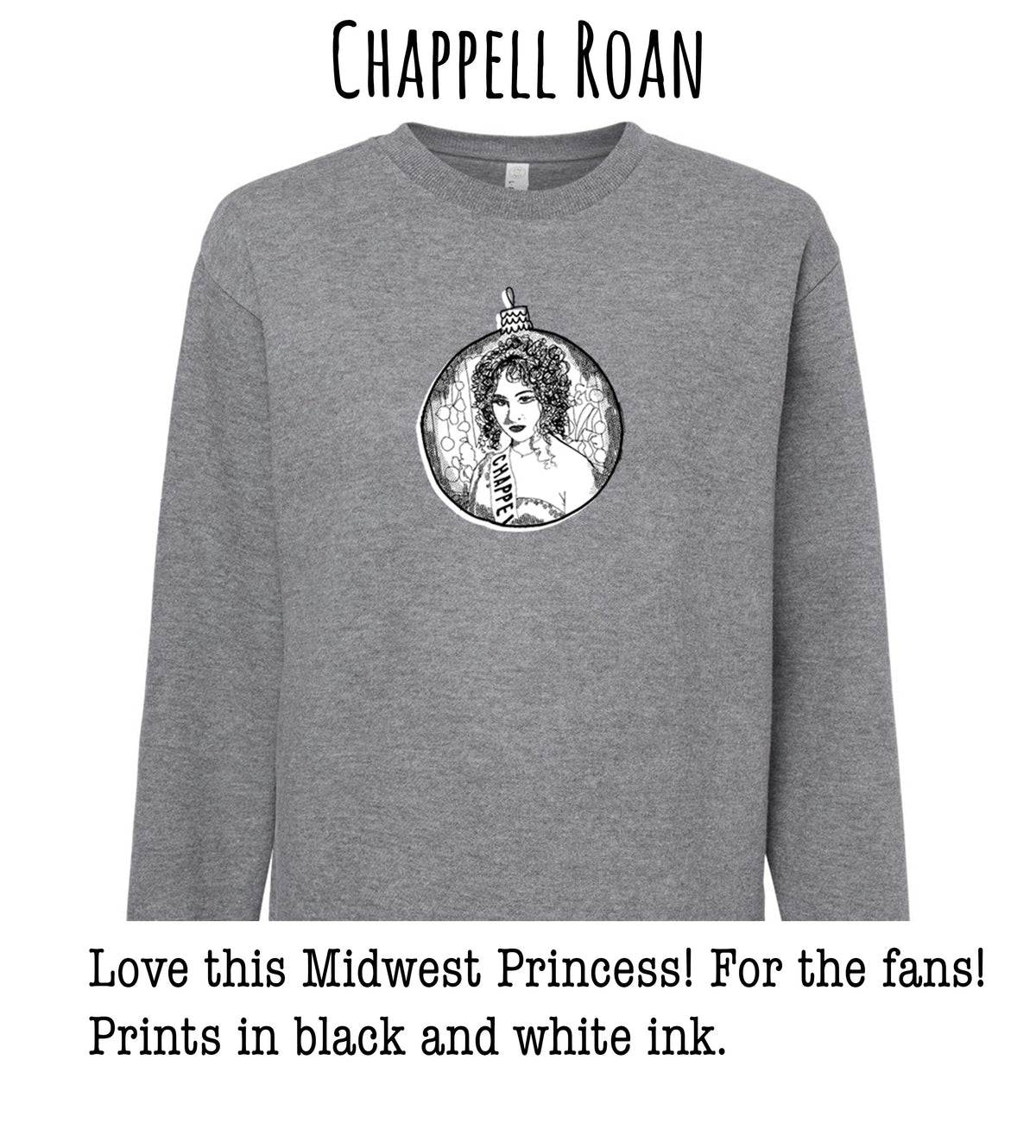 A gray sweatshirt with a black and white illustration of a woman's face in the center.