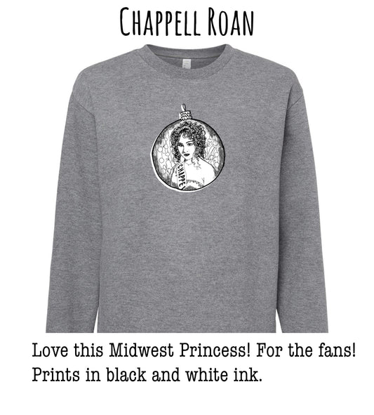 A gray sweatshirt with a black and white illustration of a woman's face in the center.