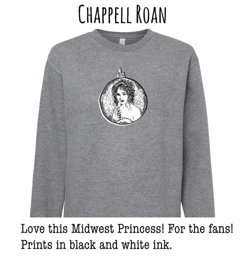 A gray sweatshirt with a black and white illustration of a woman's face in the center.