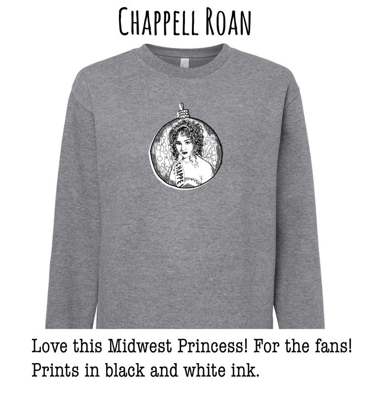 A gray sweatshirt with a black and white illustration of a woman's face in the center.