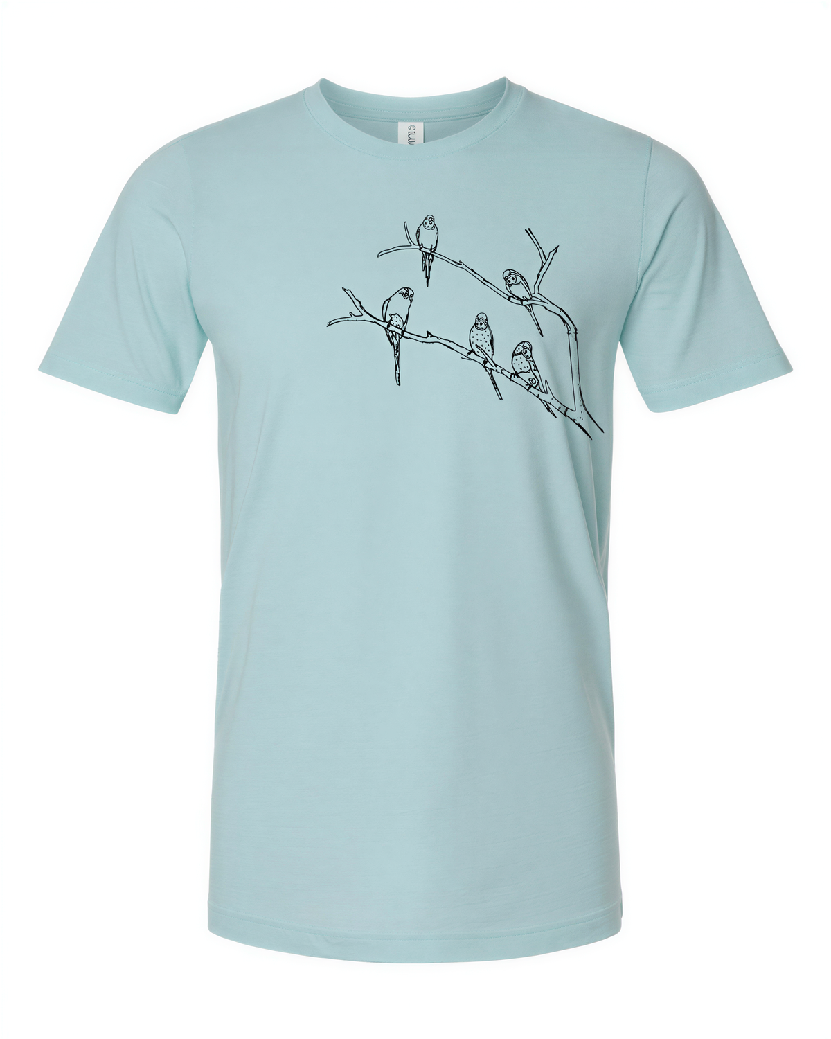 A light blue t-shirt with a black and white graphic design depicting a group of birds perched on a branch.