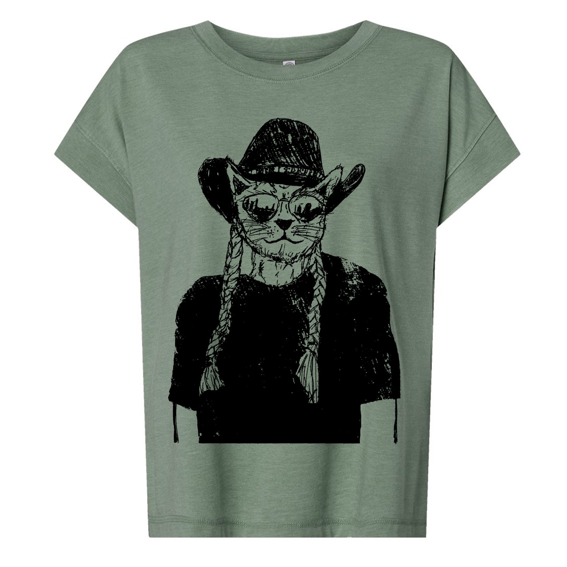 A t-shirt with a graphic design depicting a cat wearing a cowboy hat and sunglasses.