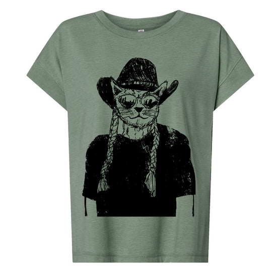 A t-shirt with a graphic design depicting a cat wearing a cowboy hat and sunglasses.