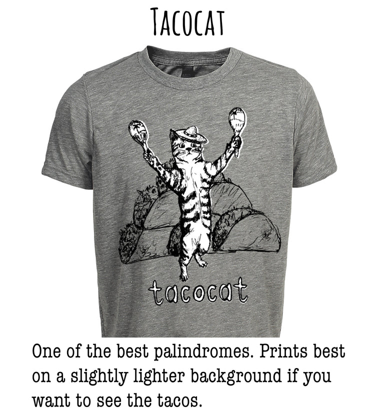 A gray t-shirt with a graphic design depicting a cat holding a pair of tacos in its paws, with the word "Tacocat" written below the image.