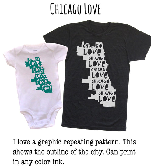 two t-shirts with a graphic design depicting the outline of Chicago, Illinois, USA. The text on the t-shirts repeats the word "CHICAGO" in a stylized font. The t-shirts are displayed side by side, and the image includes a caption that reads "I love a graphic repeating pattern. This shows the outline of the city. Can print in any color ink."