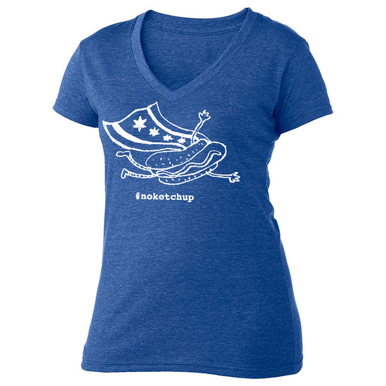 A blue t-shirt with a white graphic design depicting a hot dog with a flag and the text "#noktchup" printed on it.