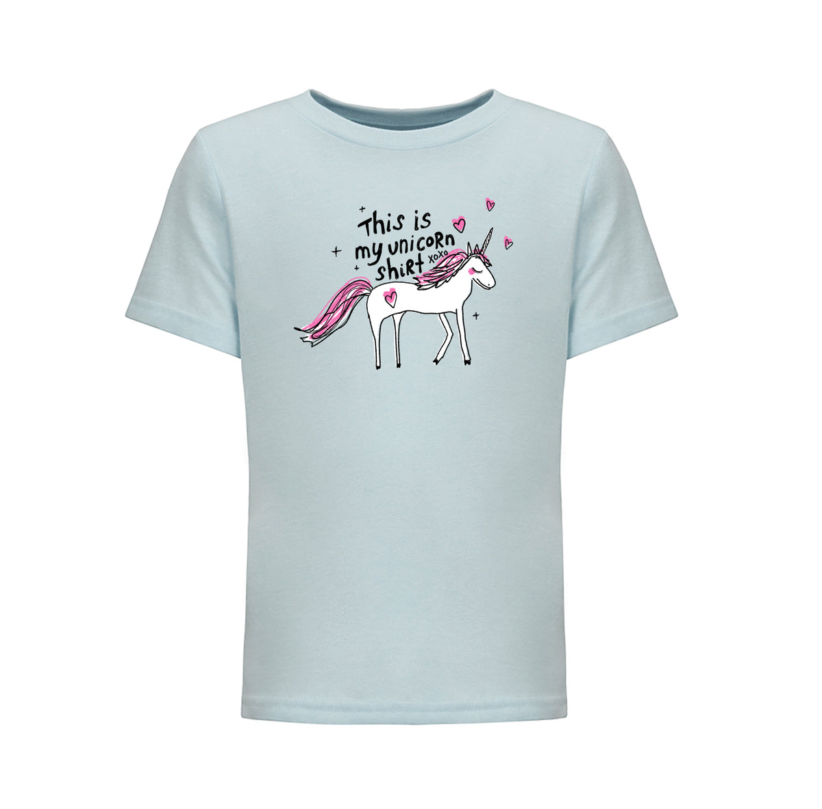 A light blue t-shirt with a cartoon illustration of a white unicorn and the text "This is my unicorn shirt" printed on it.