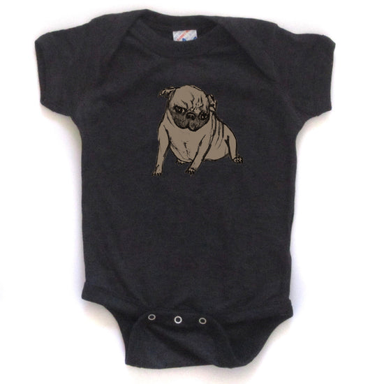 A black baby onesie with a pug dog printed on it.