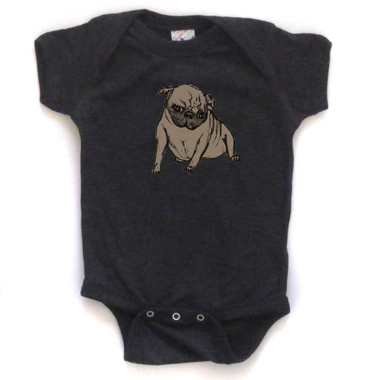 A black baby onesie with a pug dog printed on it.